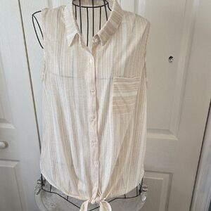 Sleeveless Beige Striped Button-Down Shirt